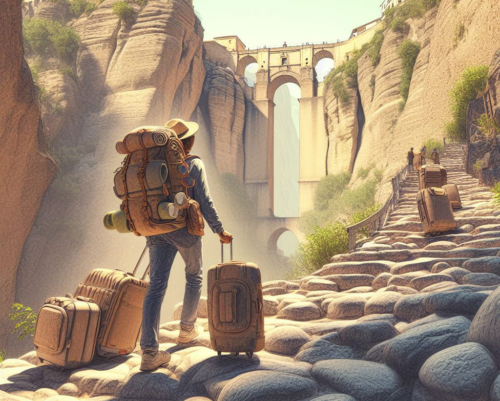 Subiendo las cuestas de Ronda cargado con mochilas y maletas